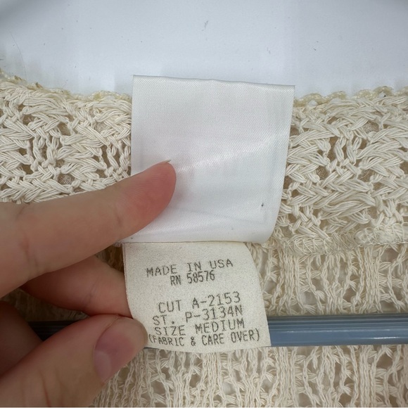 Eber San Francisco Cream Knit Crochet Short Sleeve Button Up Top Medium - Picture 5 of 6